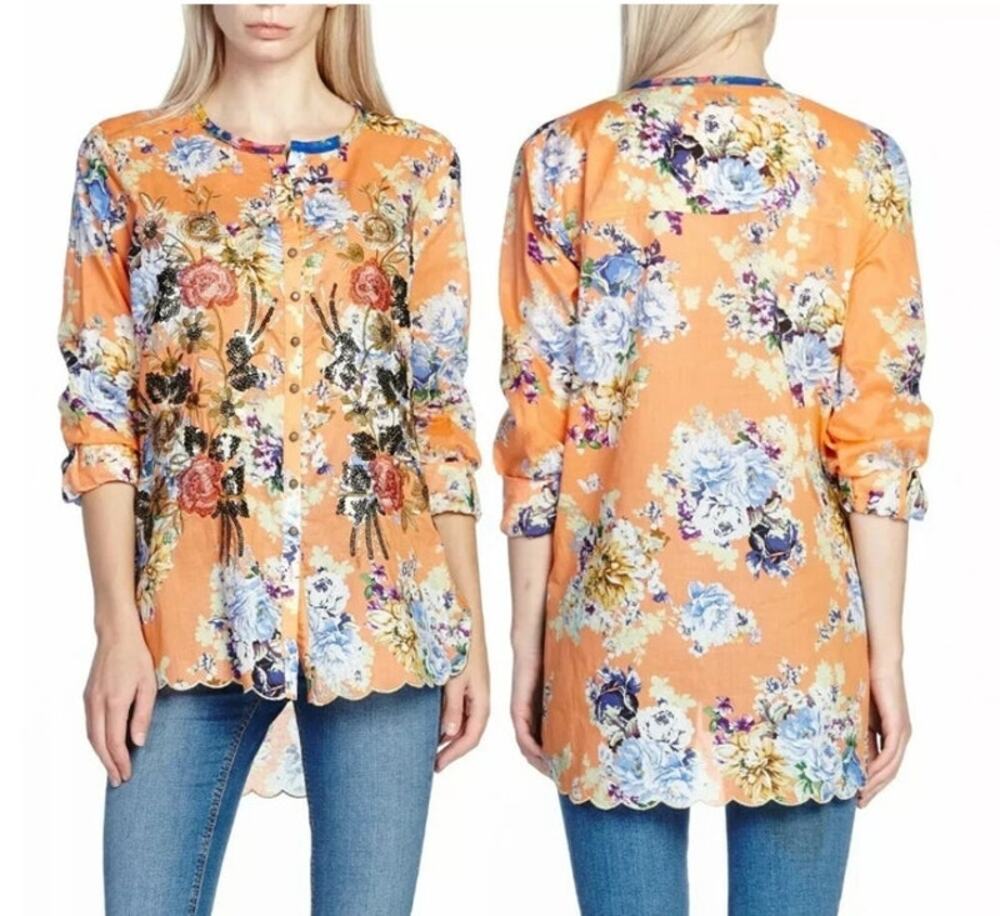 Aratta Silent Journey Claudine Agnes Shirt sz M Floral Roll Tab Sleeves Boho New